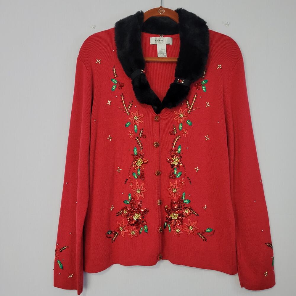 Vintage Floral Embroidered Beaded Christmas Cardigan size XL Removable Collar